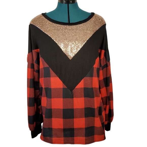Bibi Women's Shirt Plaid M Red Black Long Sleeve Rose Gold Sequins NWOT - Picture 1 of 10